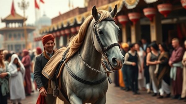 Arabian horse festival in Doha, showcasing elegant Arabian horse and handler.