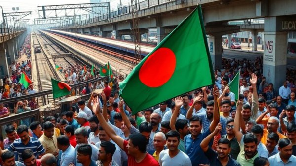 Bangladesh Elections crowd scene with flags and city backdrop.