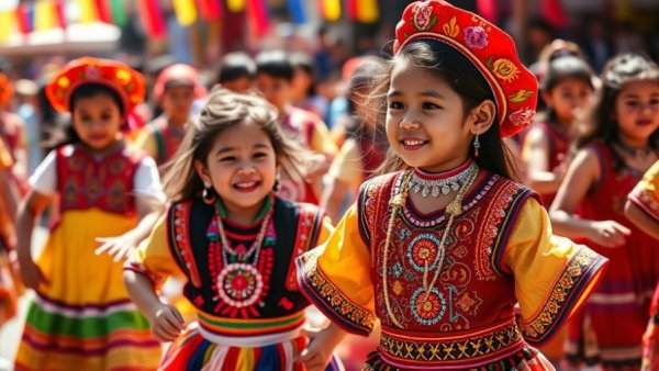 Cultural festival with children dancing in traditional attire.