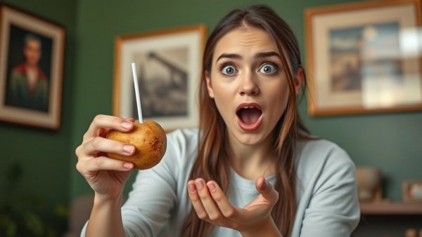 Young woman amazed by air pressure experiment with straw and potato.