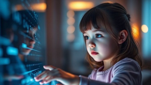 Young girl exploring digital interface, redefining education with AI.