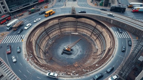Aerial view of Shanghai sinkhole incident with road collapse.