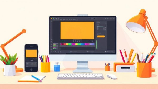 Cartoon desktop setup for app video creation, vibrant and detailed.