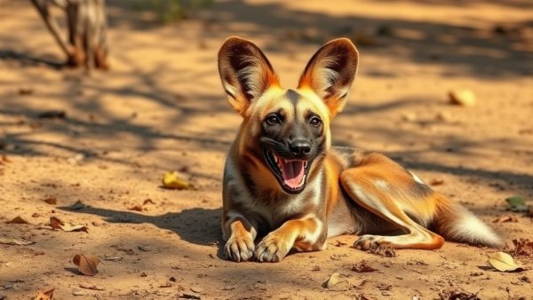 Playful African wild dog smiling in the savanna shade