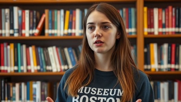 Young woman speaking indoors in front of bookshelf, Museum of Science sweatshirt.