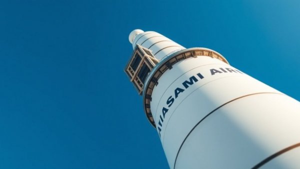 NASA Artemis II rocket close-up against blue sky.