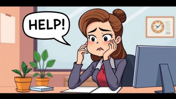 Cartoon woman struggling with AI grading systems at desk, seeking help.