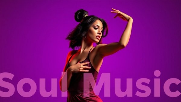 Soul Music channel vibrant woman dancing gracefully on purple backdrop.