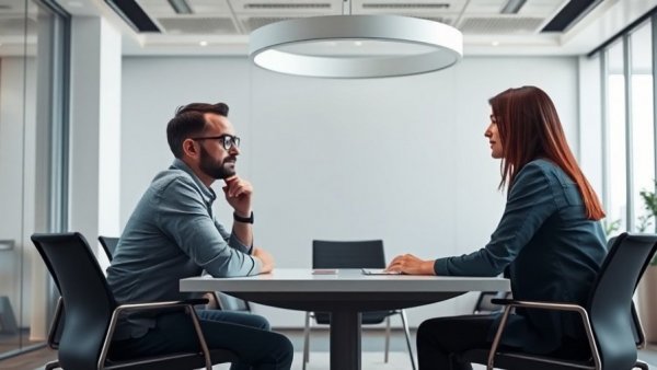 Modern office interaction scene with thoughtful individuals.
