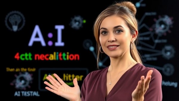 Explaining AI concepts, confident presenter, educational backdrop