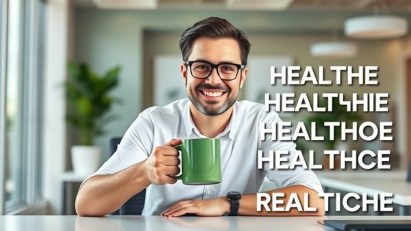 Smiling man at desk with motivational healthcare message, bright office.