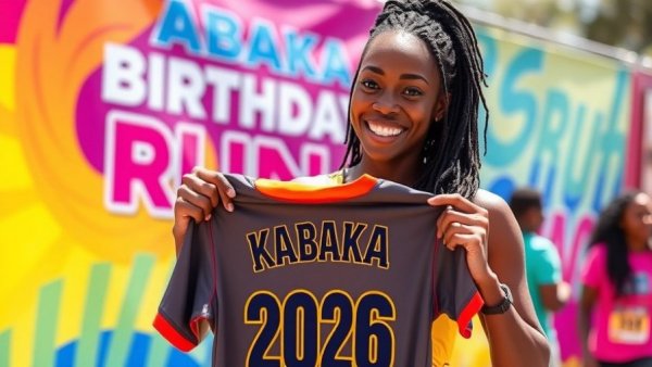 Kabaka Birthday Run 2026 promotional event with woman holding jersey.