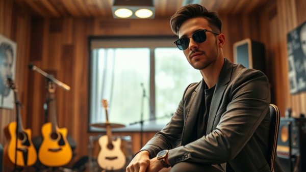 AI in Music Creation: Stylish musician in creative studio.