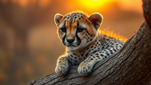 Cheetah cub on a tree in South African safari at sunset.