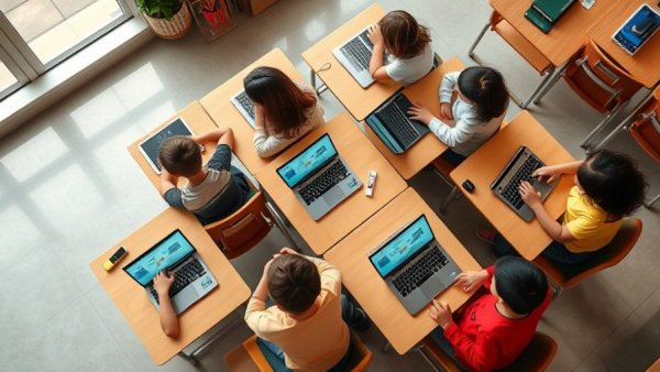 Children using laptops in a bright classroom, showcasing technology in education.