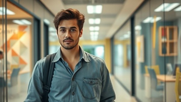 Confident person walking in modern office hallway, office spelling bee.