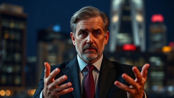 Serious man discussing N200 million bail in terror case, blurred cityscape.