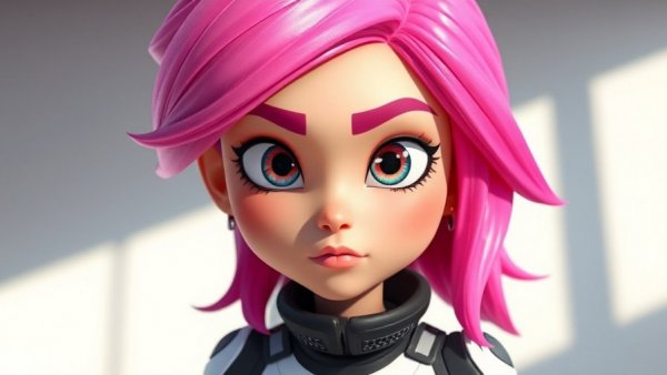 KPop Demon Hunters character with pink hair in Pixar style.