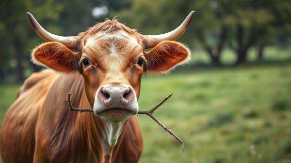 A cow using a branch as a tool in a meadow, showcasing innovation.
