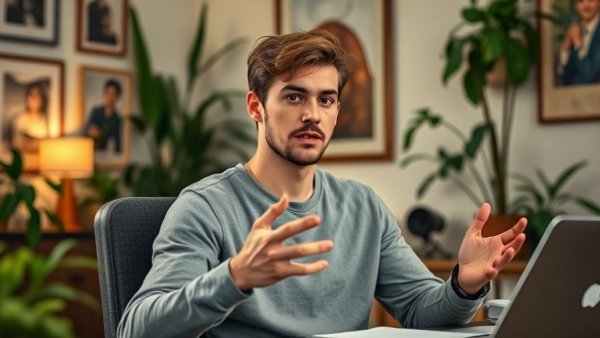 Young man explaining, focus hurting career growth discussion.