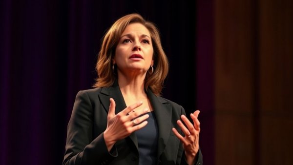 Confident woman on stage discussing AI intimacy, warm setting.