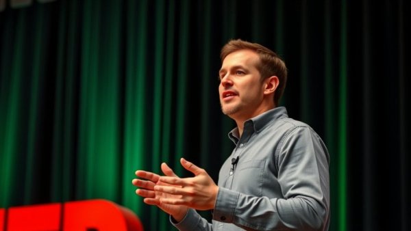 Confident speaker at TED Talk, presenting on stage with a green background.