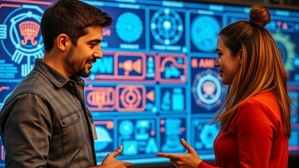 Dynamic AI agent communication illustration with two individuals.