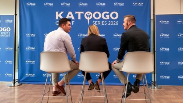 Katogo Golf Series 2026 event with three participants on stage.