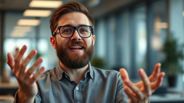 Bearded man explaining productivity and goal setting in office.