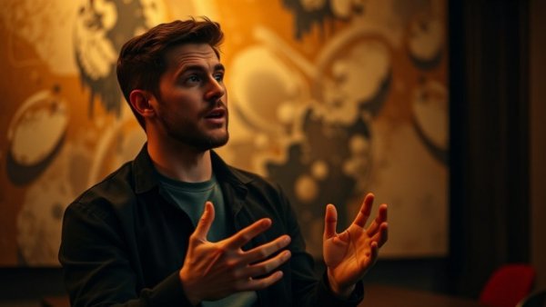 Man gesturing energetically in dimly lit room, discussing black hole stars.