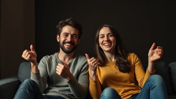 Cheerful duo with playful expressions, warm ambiance.