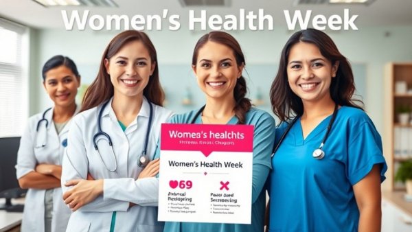 Women's Health Week poster highlighting health services and smiling professionals.
