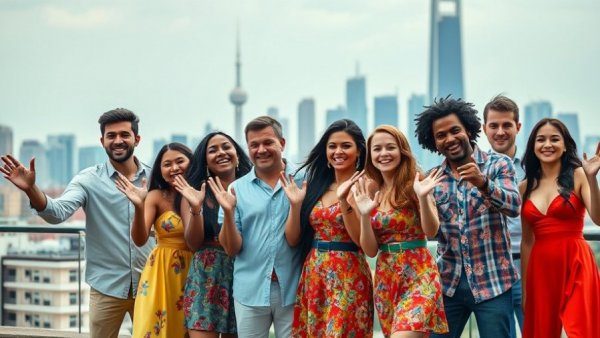 Diverse group presenting, colorful attire, city skyline, how to make an idea land.
