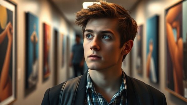 Young man in office, thoughtful pose, exploring ideas.