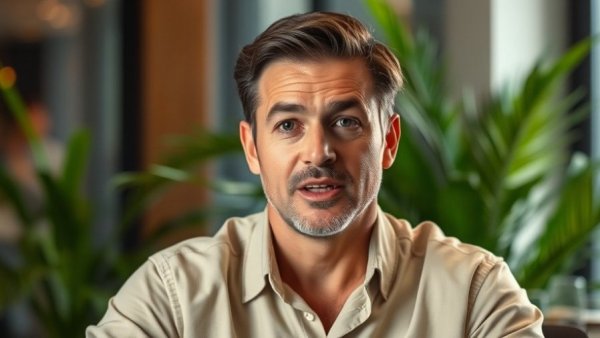 Man discussing AI strategies, indoors with background plants, AI Africa film makers and developers.