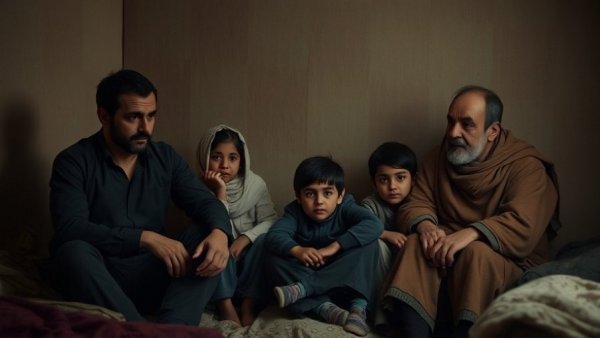 Forcibly displaced Lebanese family in a dimly lit shelter.