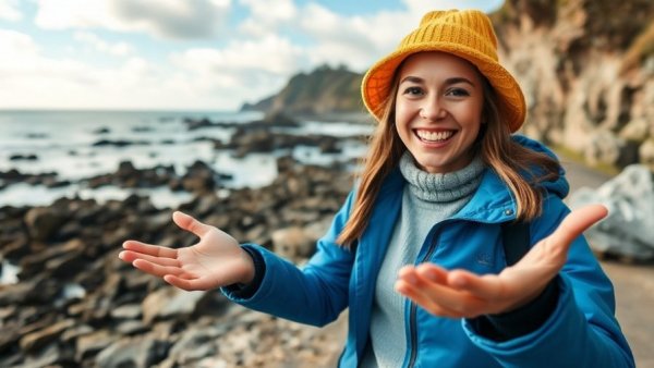 Smiling woman on rocky coast, vibrant expression, How Sea Otters Saved Entire Ecosystems.
