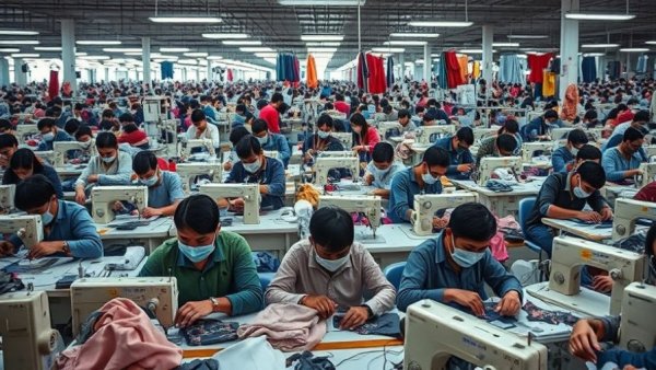 Bangladesh economy challenges in garment factory, workers sewing under industrial lighting.