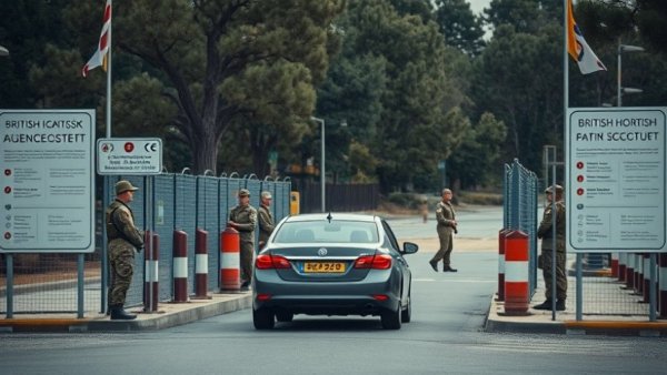 Checkpoint at British military base in Cyprus with personnel and signs, highlighting removal.