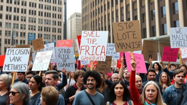 Africa News protest against US-Iran conflict, diverse crowd holding signs.