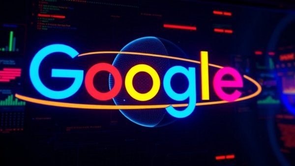 Futuristic Google-themed interface with neon colors.