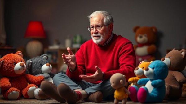 Middle-aged man explains plush toys, Dogs Can Learn Words by Eavesdropping.