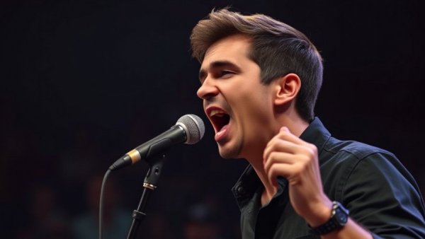 AI in Songwriting: Man singing passionately on TED stage.