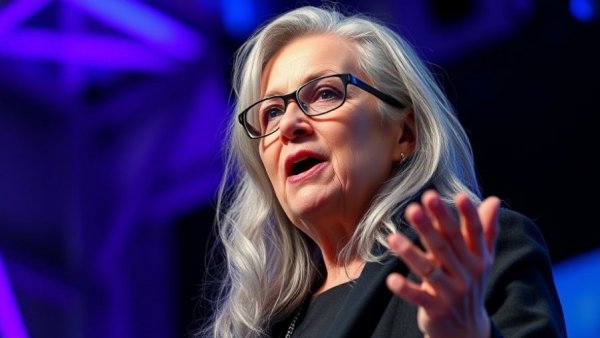 Confident elderly woman speaking on stage, illuminated background, The weight that women hold.
