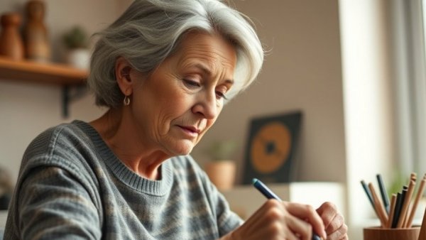 Creating with AI: Older woman focused on art, warm lighting.