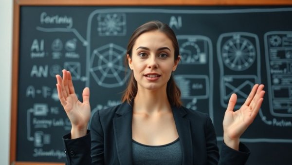 Young woman explaining AI with diagrams, highlighting human input in AI.