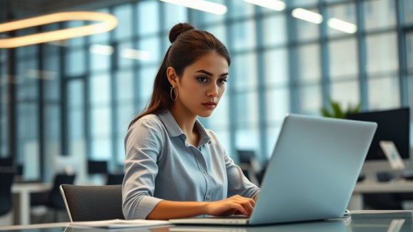 Young woman working intensely on laptop in modern office, AI Africa film makers and developers.