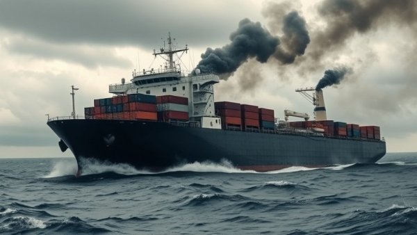 Cargo ship in distress at Strait of Hormuz, heavy smoke.