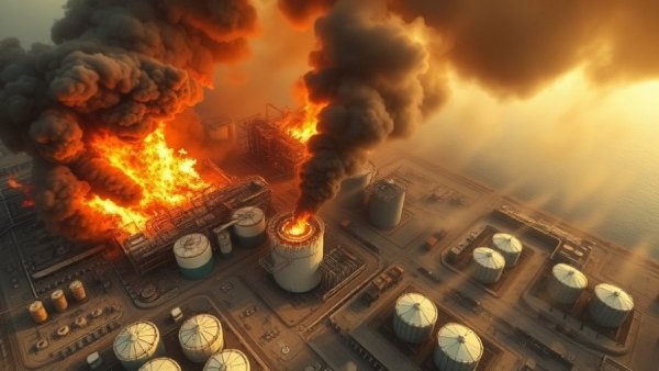 Drone strikes at Oman oil facility causing fire, industrial area with smoke.