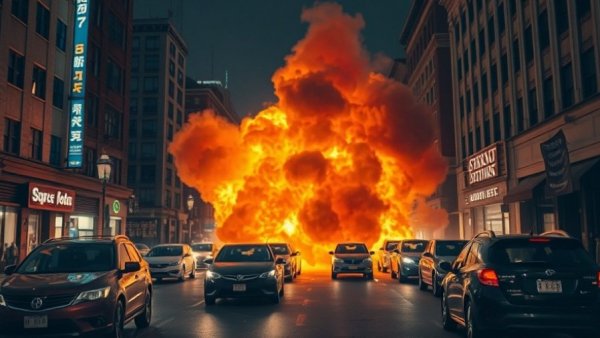 Bryansk missile attack explosion scene on city street.